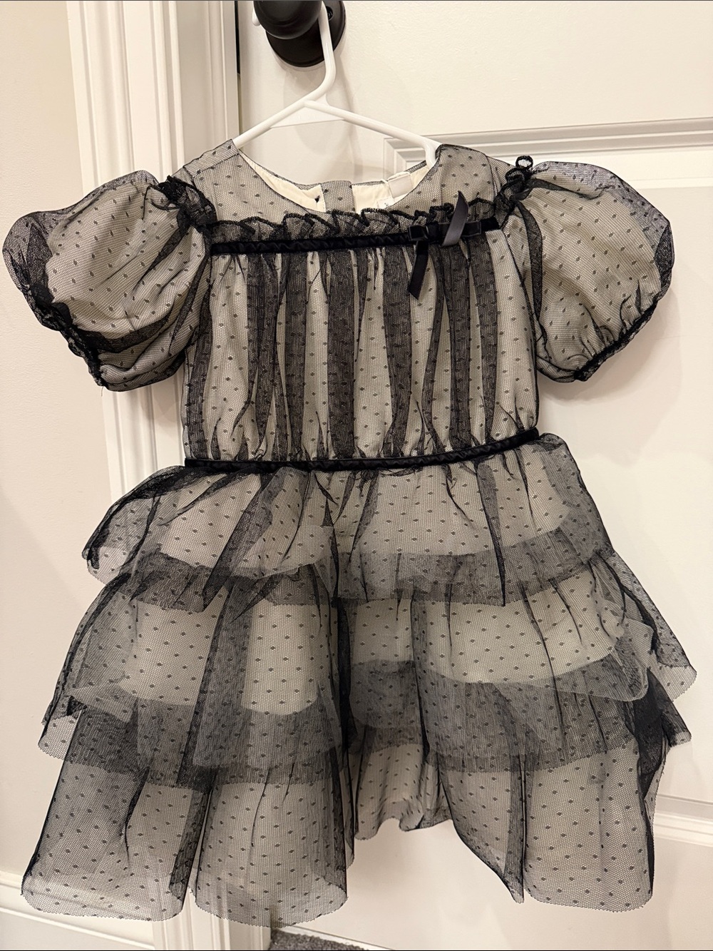Janie and Jack Black Dot Mesh Tiered Puff Sleeve Dress